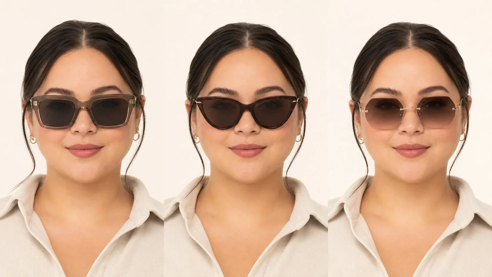 Round face wearing square cat-eye and angular sunglasses that add definition and lift