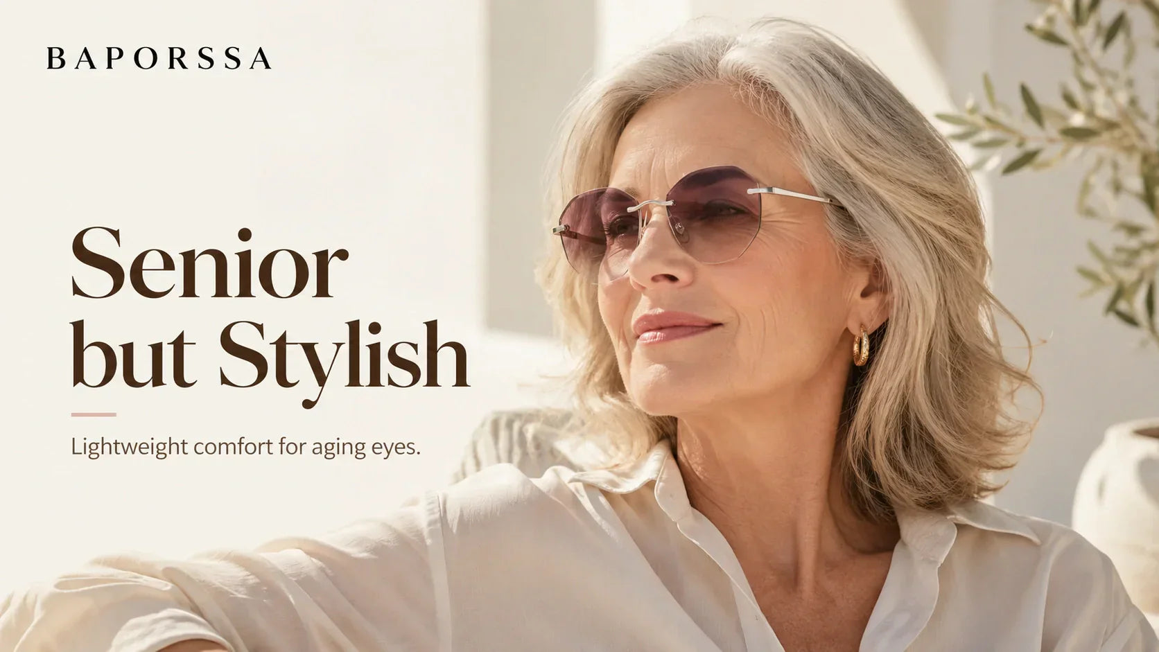Stylish senior woman wearing lightweight rimless sunglasses