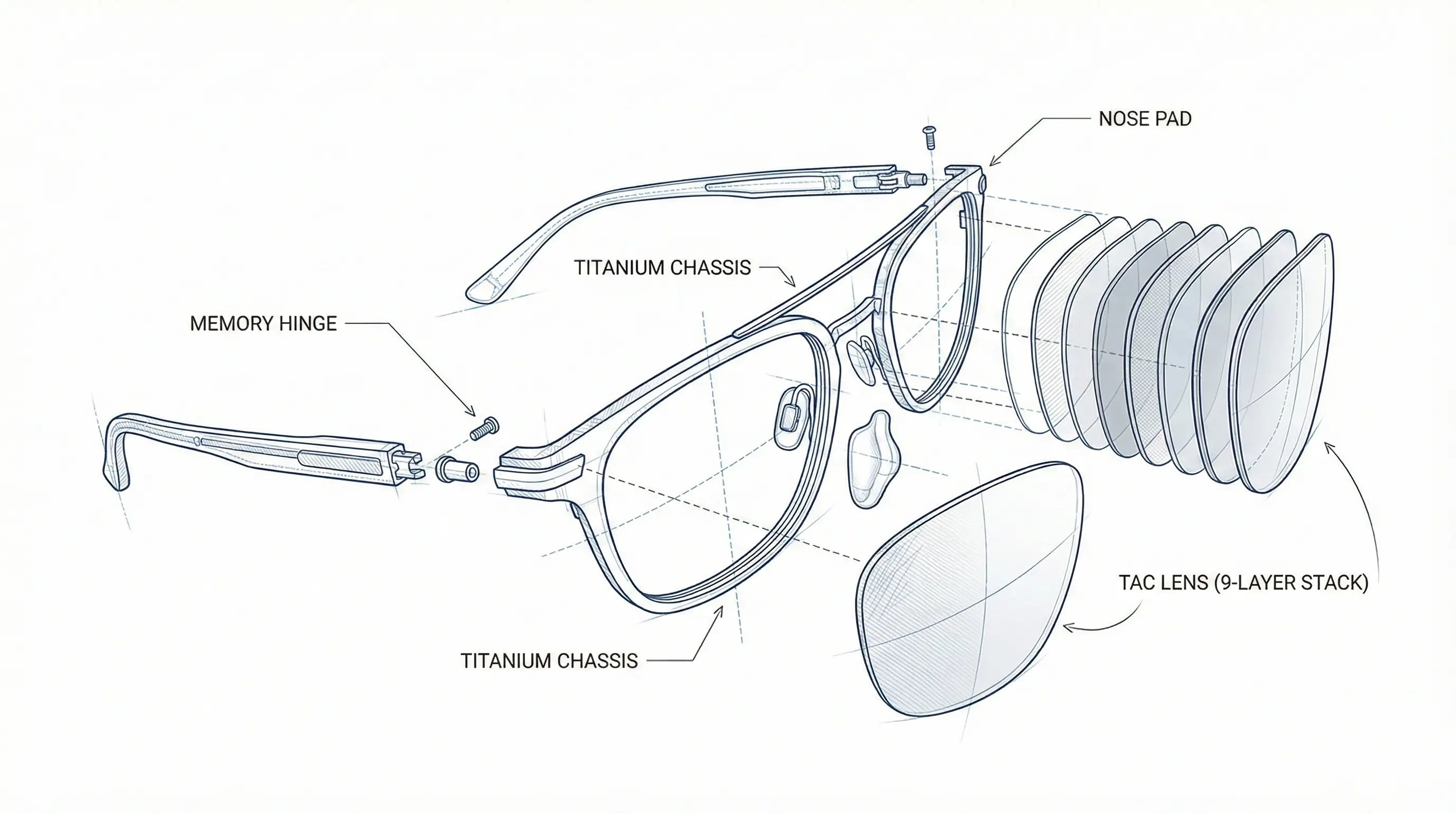 Technical diagram of a sunglass, labeling parts: Memory Hinge, Titanium Chassis, Nose Pad, and 9-layer TAC Lens stack.