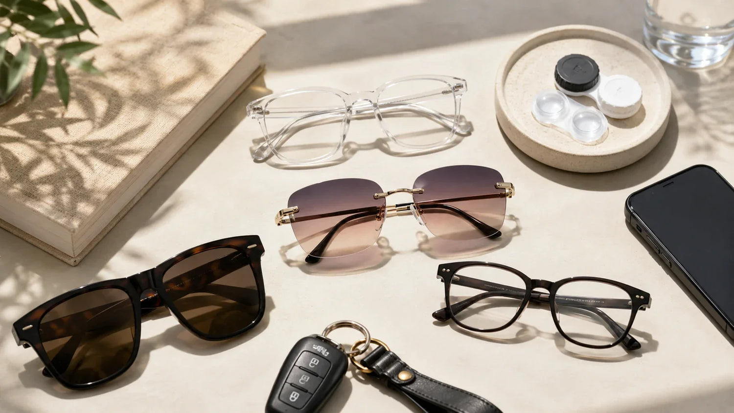 Eyeglasses, contact lens case, car keys, phone, and rimless sunglasses showing options for wearing sunglasses over glasses