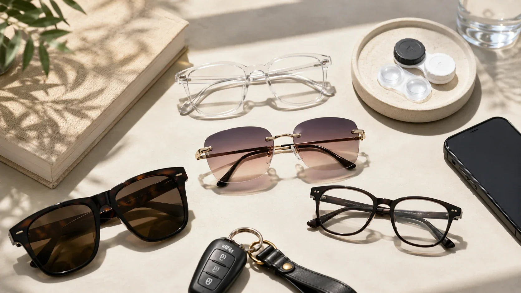 Eyeglasses, contact lens case, car keys, phone, and rimless sunglasses showing options for wearing sunglasses over glasses