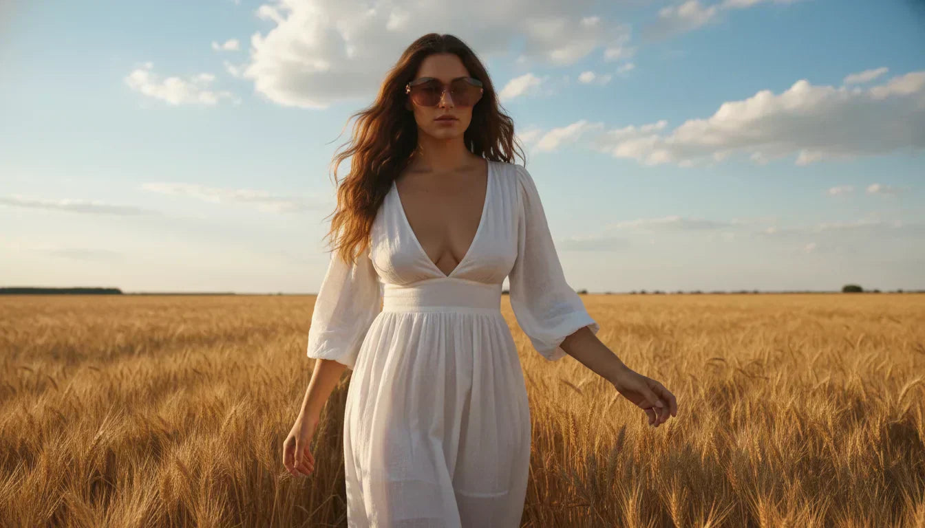 A woman wearing stylish oversized sunglasses and a white dress walking through a golden wheat field at sunset, showcasing a warm summer lifestyle and fashion eyewear look.