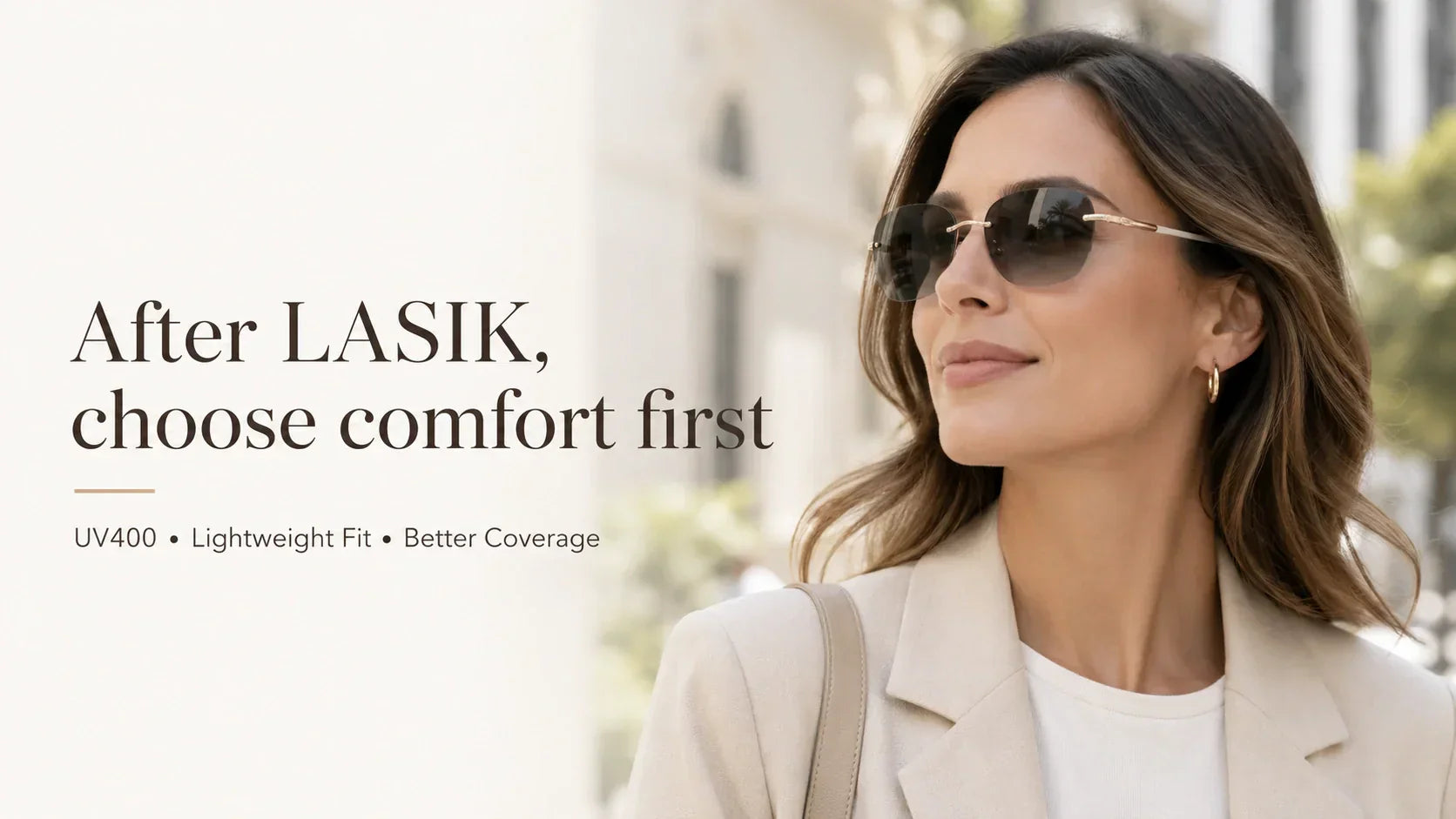 Woman wearing lightweight rimless sunglasses outdoors after LASIK for UV400 protection and glare comfort