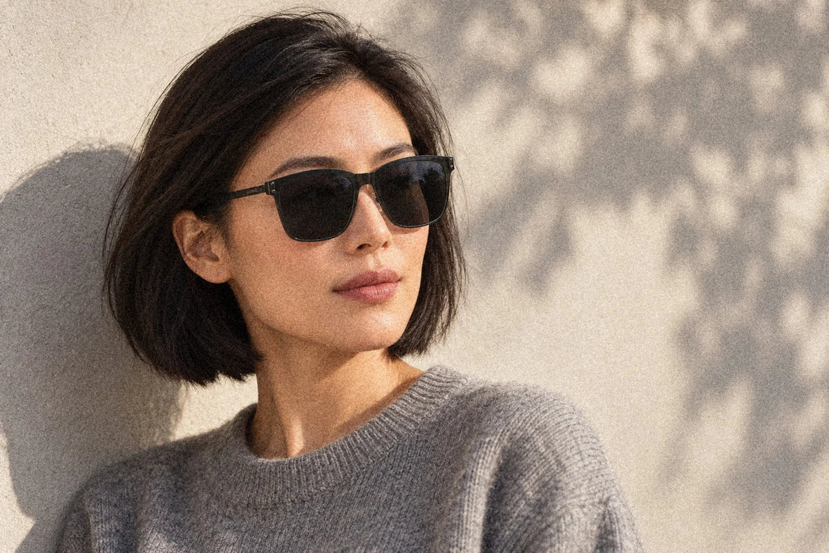 Woman wearing BAPORSSA Halo oversized square sunglasses in Black
