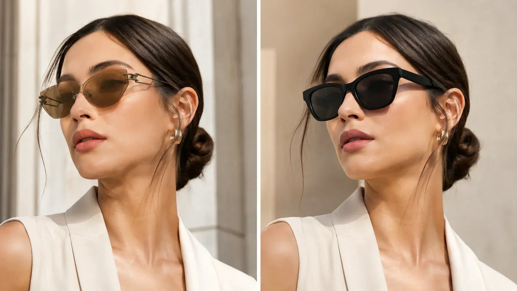 Woman comparing rimless and full-frame sunglasses to show a cleaner face result and stronger frame outline