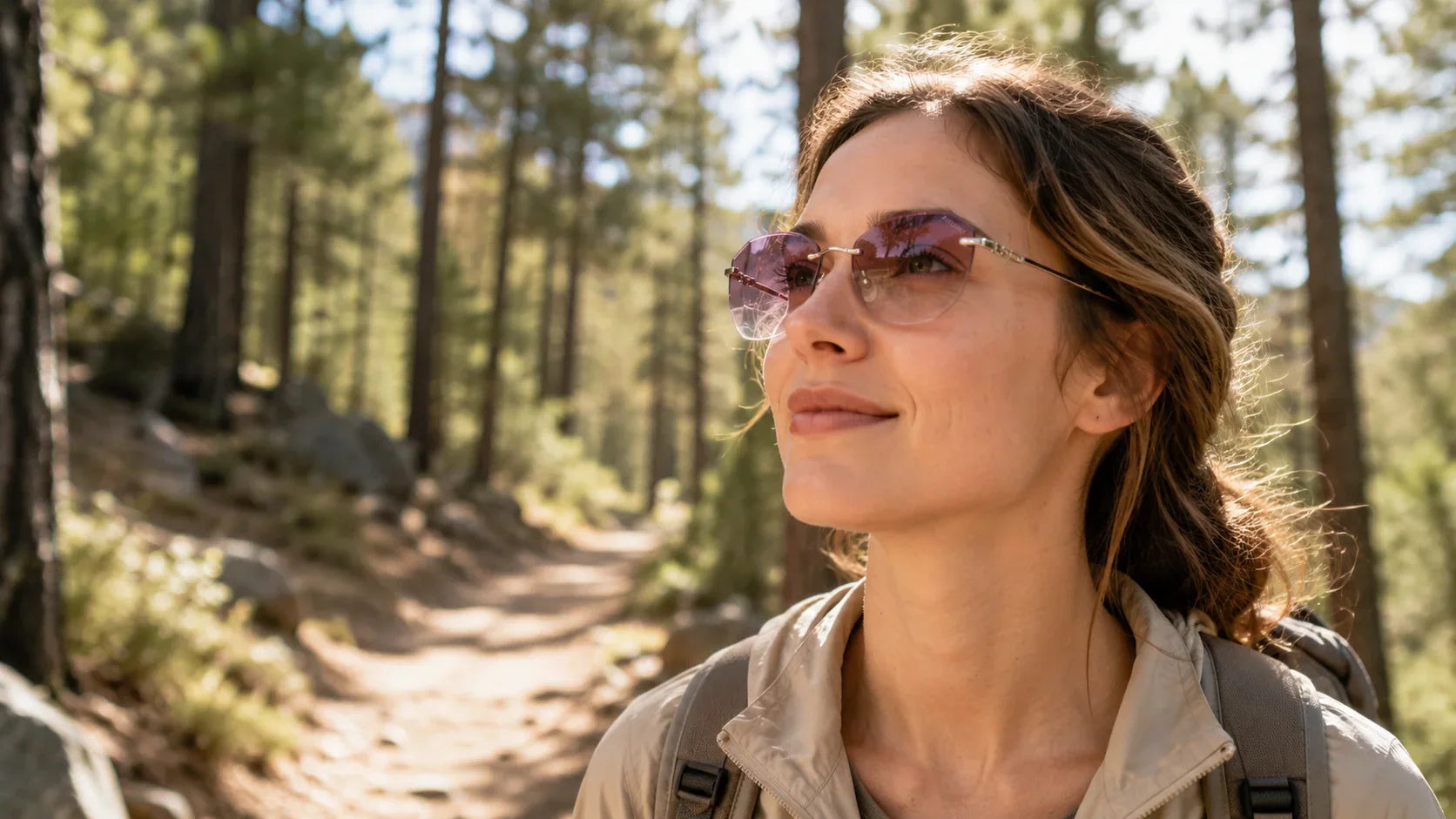 Woman wearing rimless gradient sunglasses on a bright hiking trail
