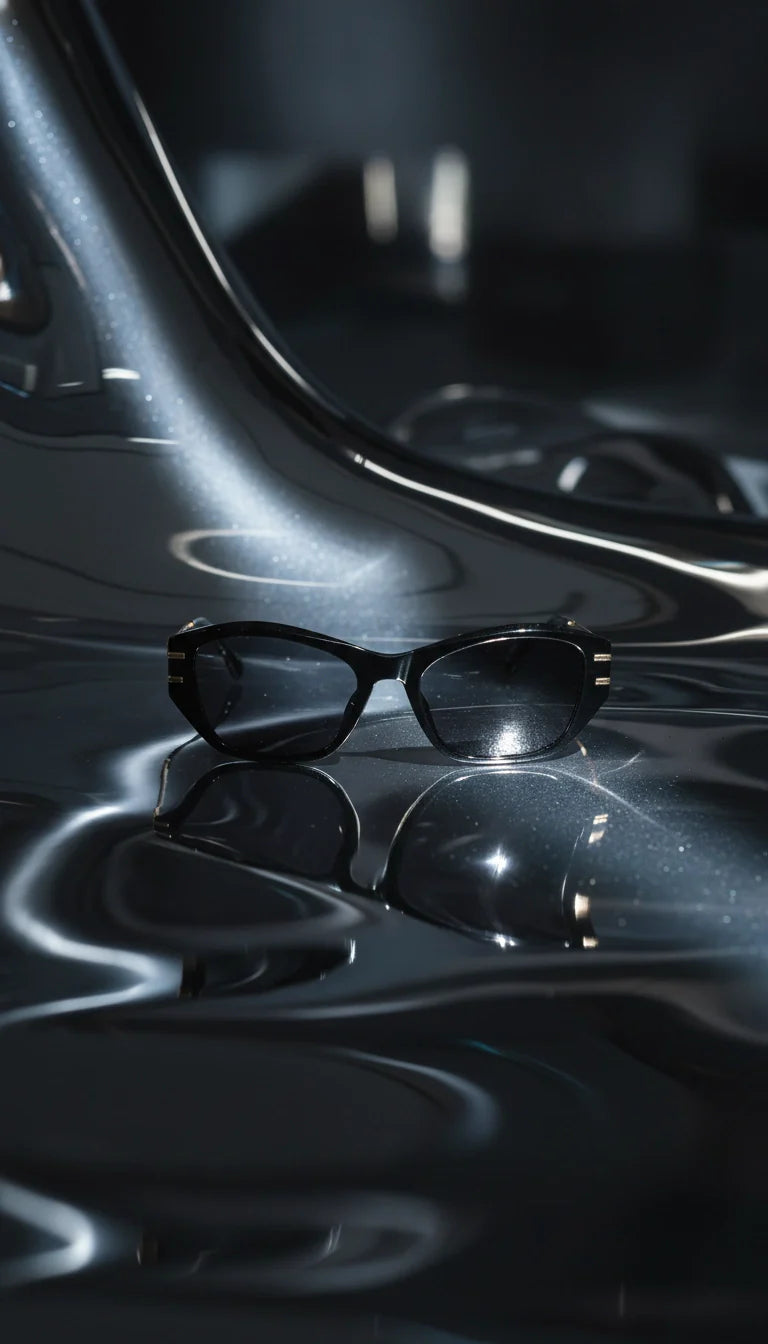 A pair of cat-eye sunglasses resting on a reflective, liquid metal surface, showcasing a blend of vintage design and futuristic, high-glamour styling.