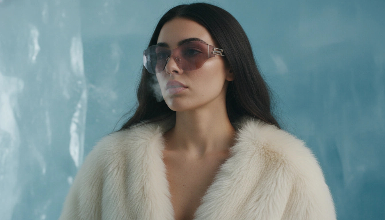 Celebrity red carpet rimless rose-purple cat-eye sunglasses under paparazzi flash