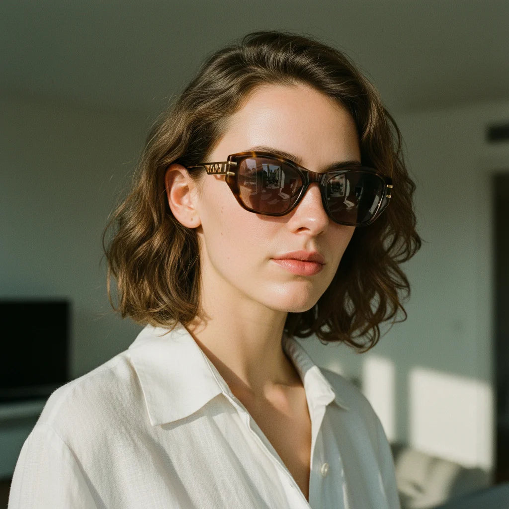 Bob haircut model side view wearing cat-eye sunglasses with gold Greek pattern temples