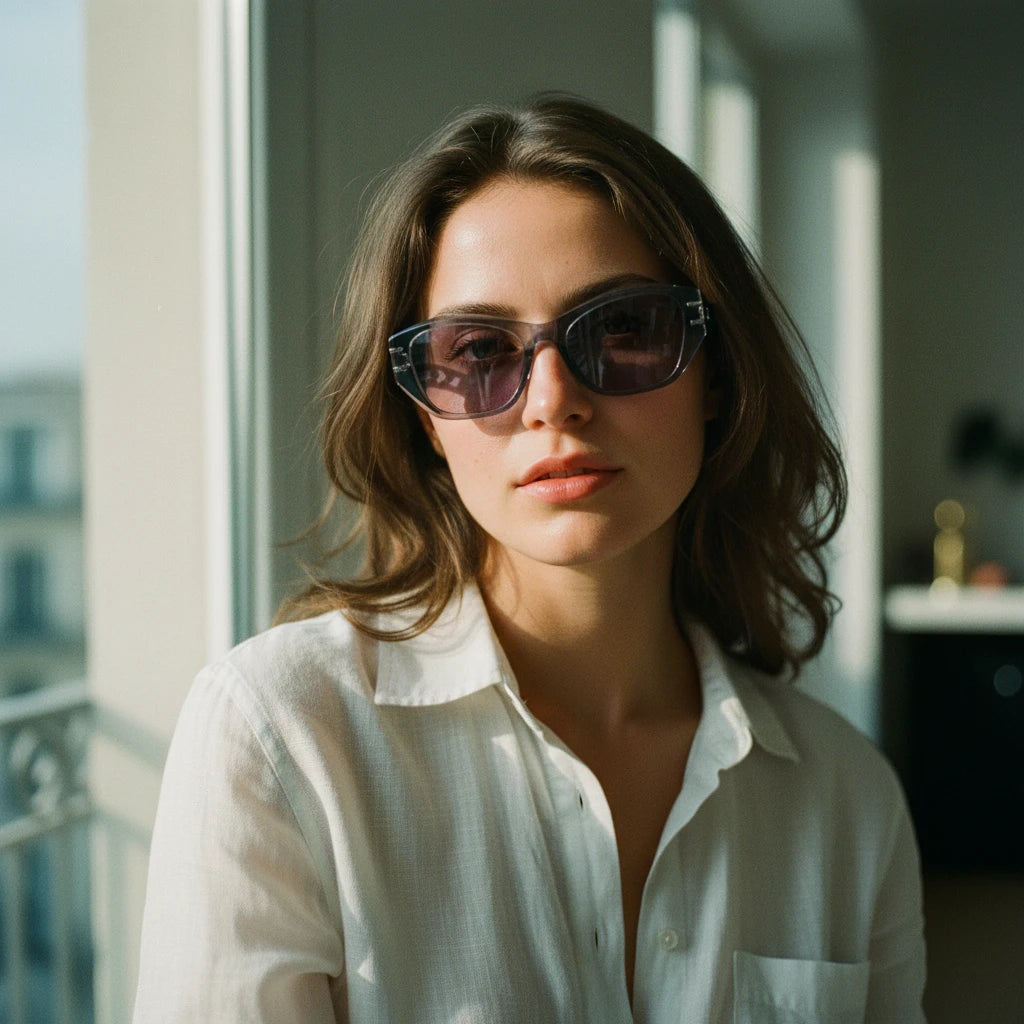 Short-haired model wearing vintage black cat-eye sunglasses side profile, gold Greek key temple detail