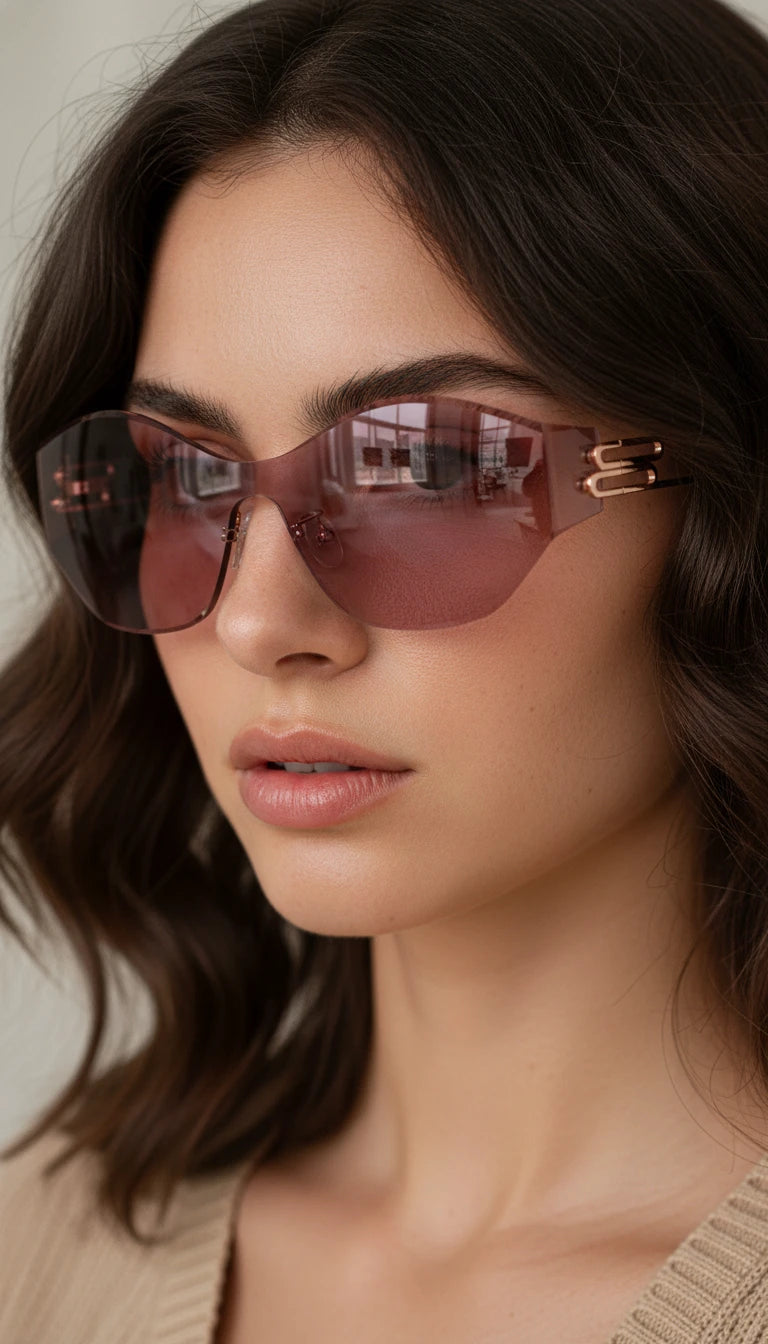 Close-up of woman wearing rimless rose-pink purple gradient cat-eye sunglasses