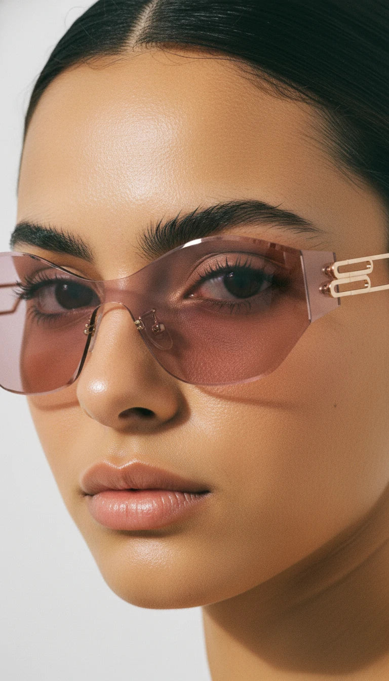 A close up editorial image of BAPORSSA frameless sunglasses featuring rimless sunglasses