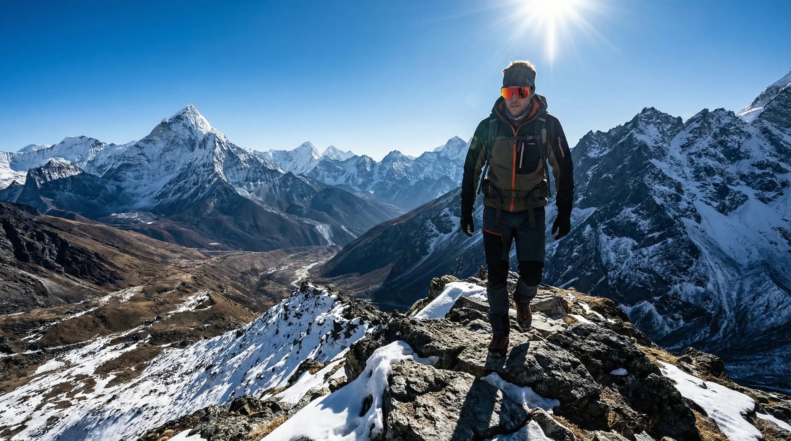 Person standing on a mountain peak with snow-capped mountains in the background