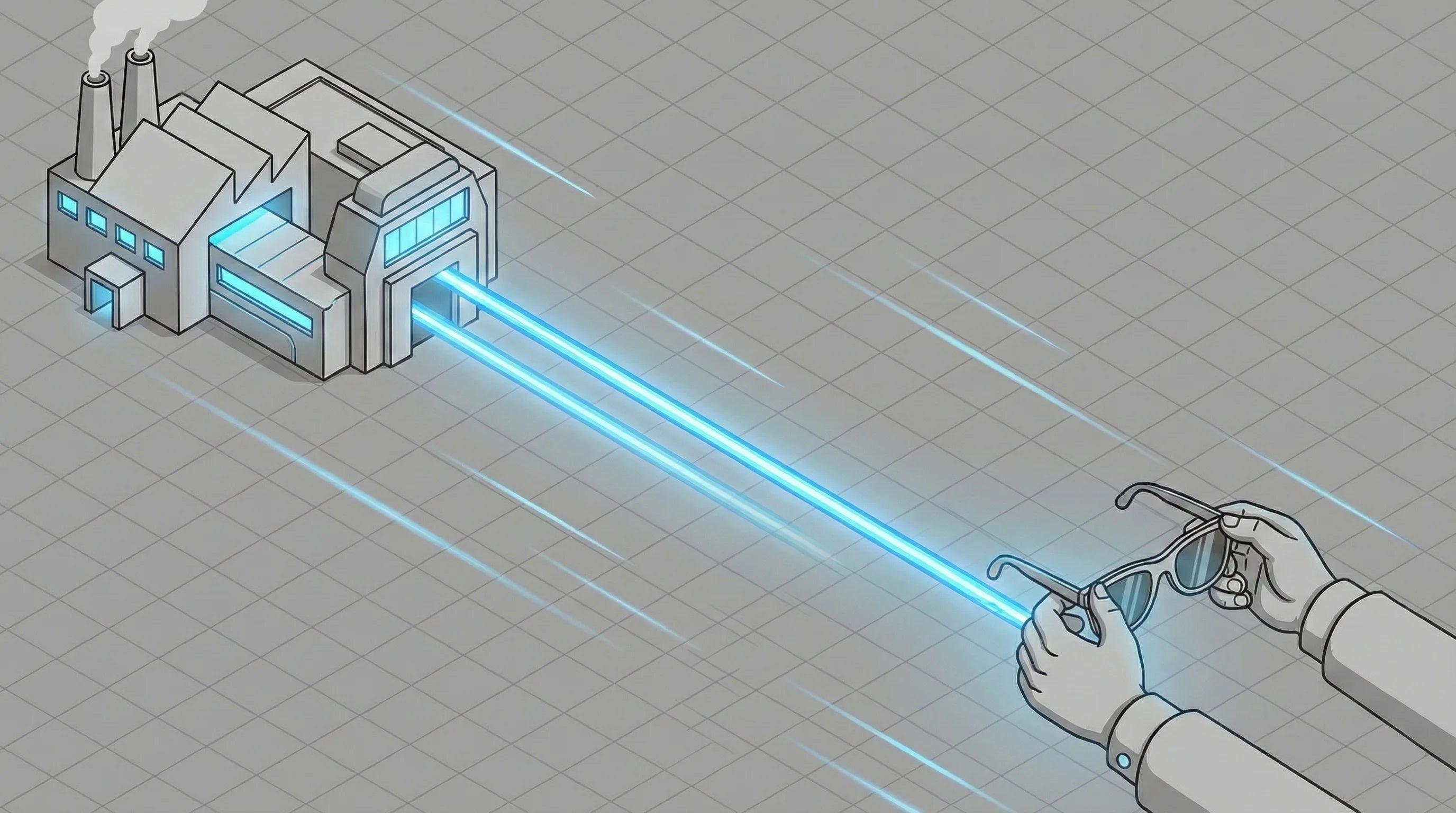 A high-tech factory connects directly to a satisfied customer holding sunglasses. There's no need for the customer to reach for the money.