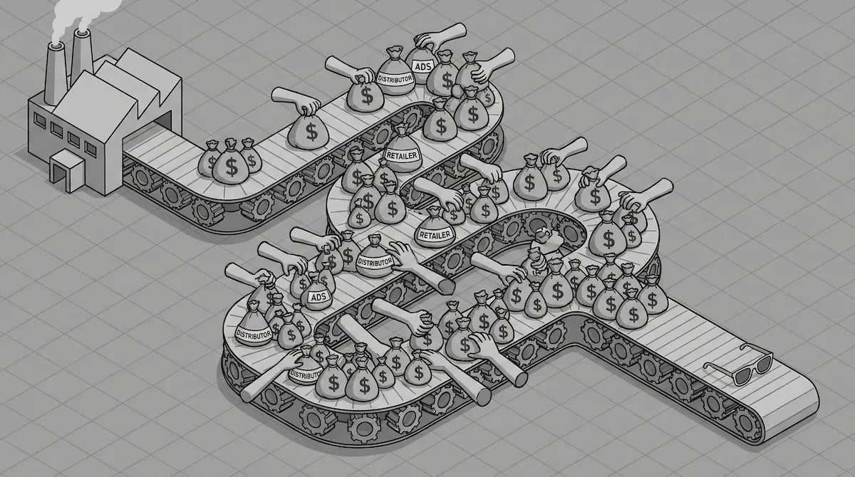 A long, winding conveyor belt. It starts at a factory. Along the belt are many hands clutching money bags (labeled "Distributor," "Retailer," and "Advertiser"). At the end is a pair of sunglasses.