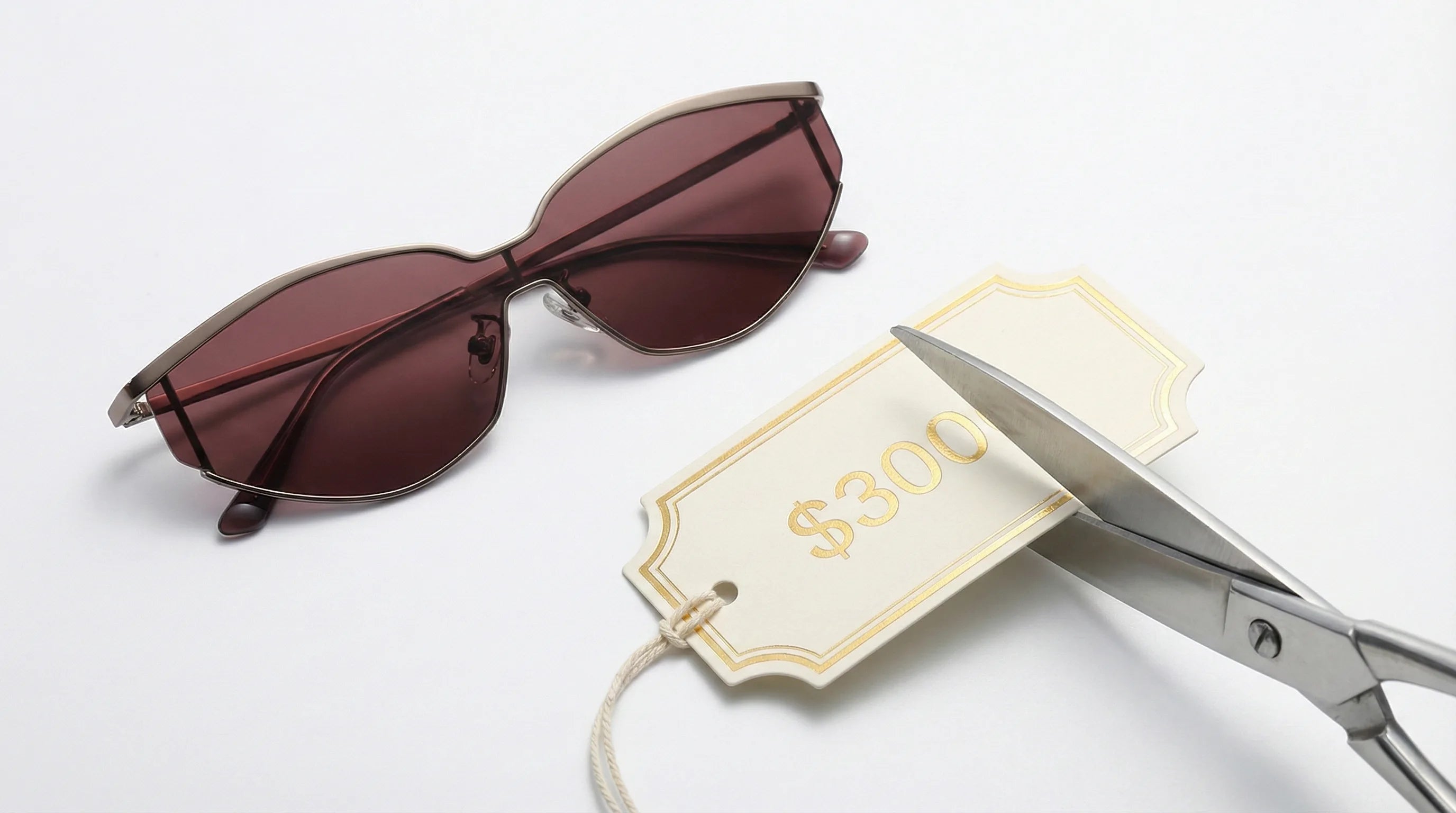  A pair of sleek titanium sunglasses resting on a white surface. Next to it is a fancy price tag that says "$300" which has been cut in half by a pair of silver scissors. 