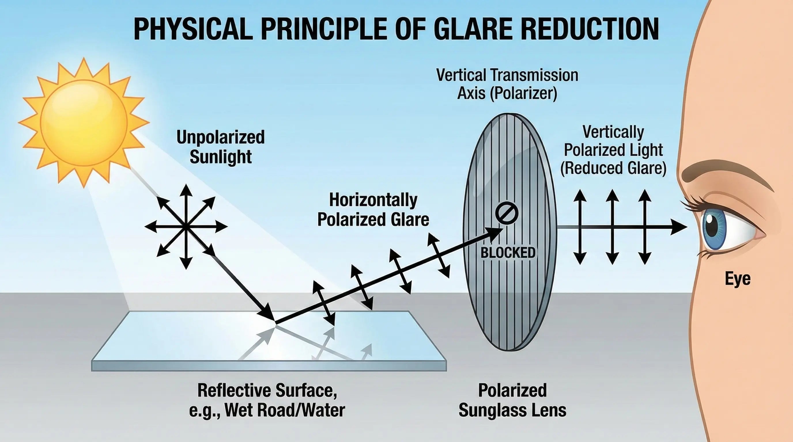 This image illustrates the principle of light polarization in physics.
