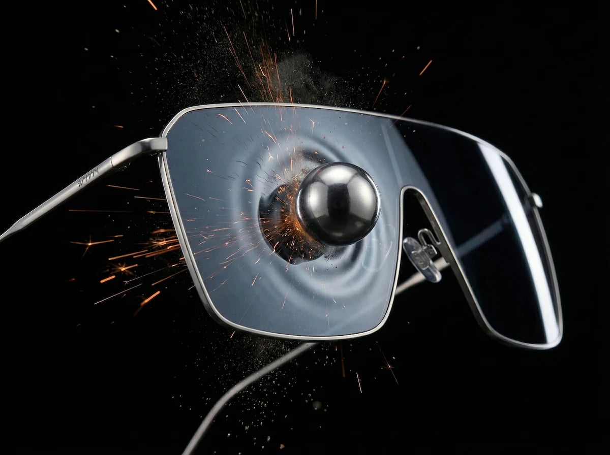 A silver metallic ball strikes a sunglasses lens in slow motion. The lens undulates slightly (energy absorption) but does not shatter. Sparks or dust particles are ejected from the point of impact.