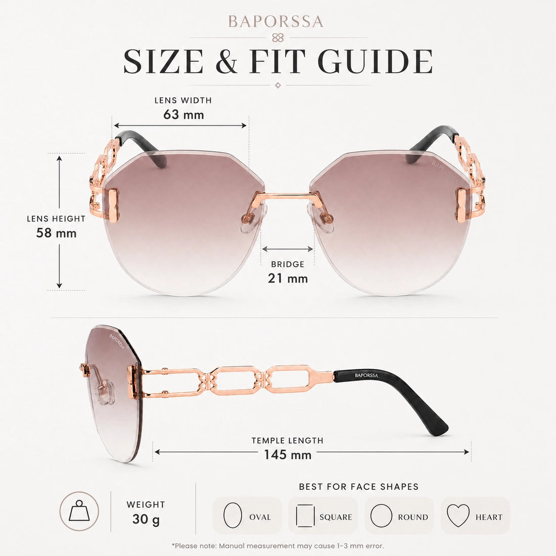 Arc Rimless Chain-Temple Gradient Sunglasses fit and size guide