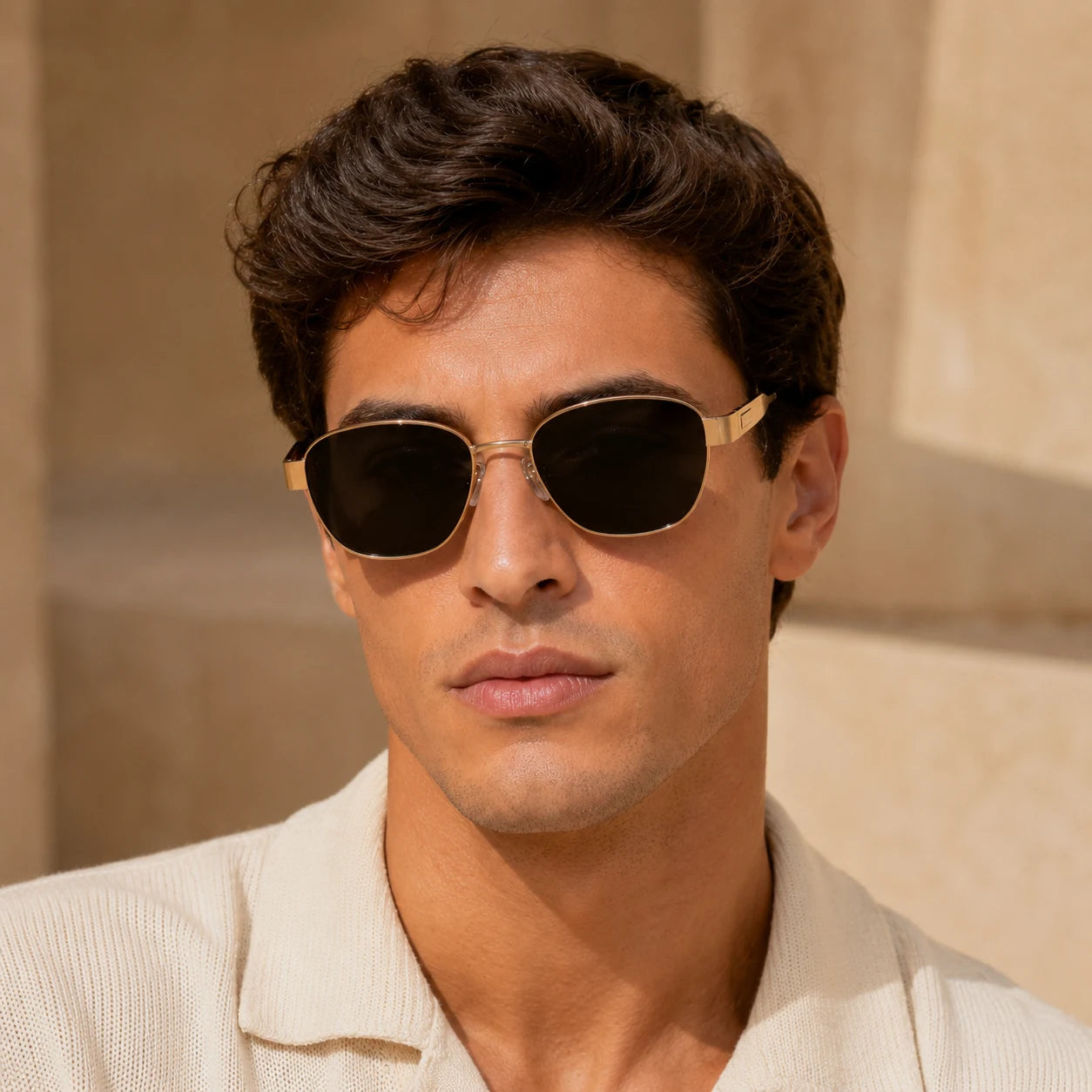 Front view of male model wearing BAPORSSA Aurelia sunglasses with dark smoke lenses and slim gold metal frame