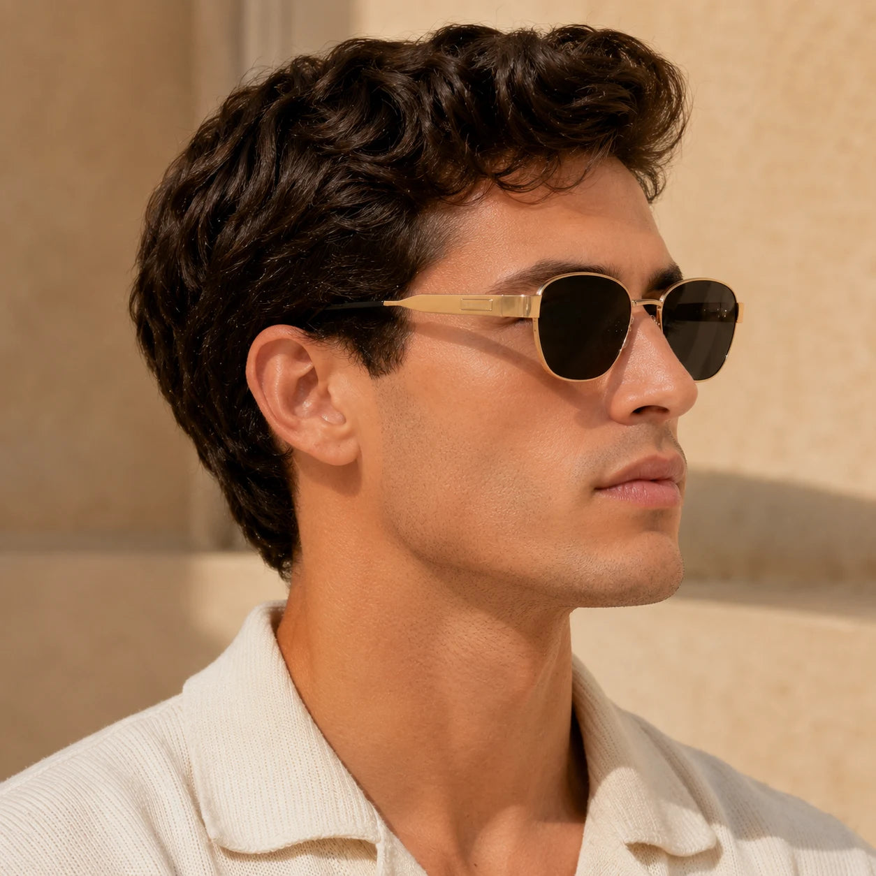 Male model wearing BAPORSSA Aurelia vintage cat-eye sunglasses with gold metal frame and smoke nylon lenses in warm sunlight