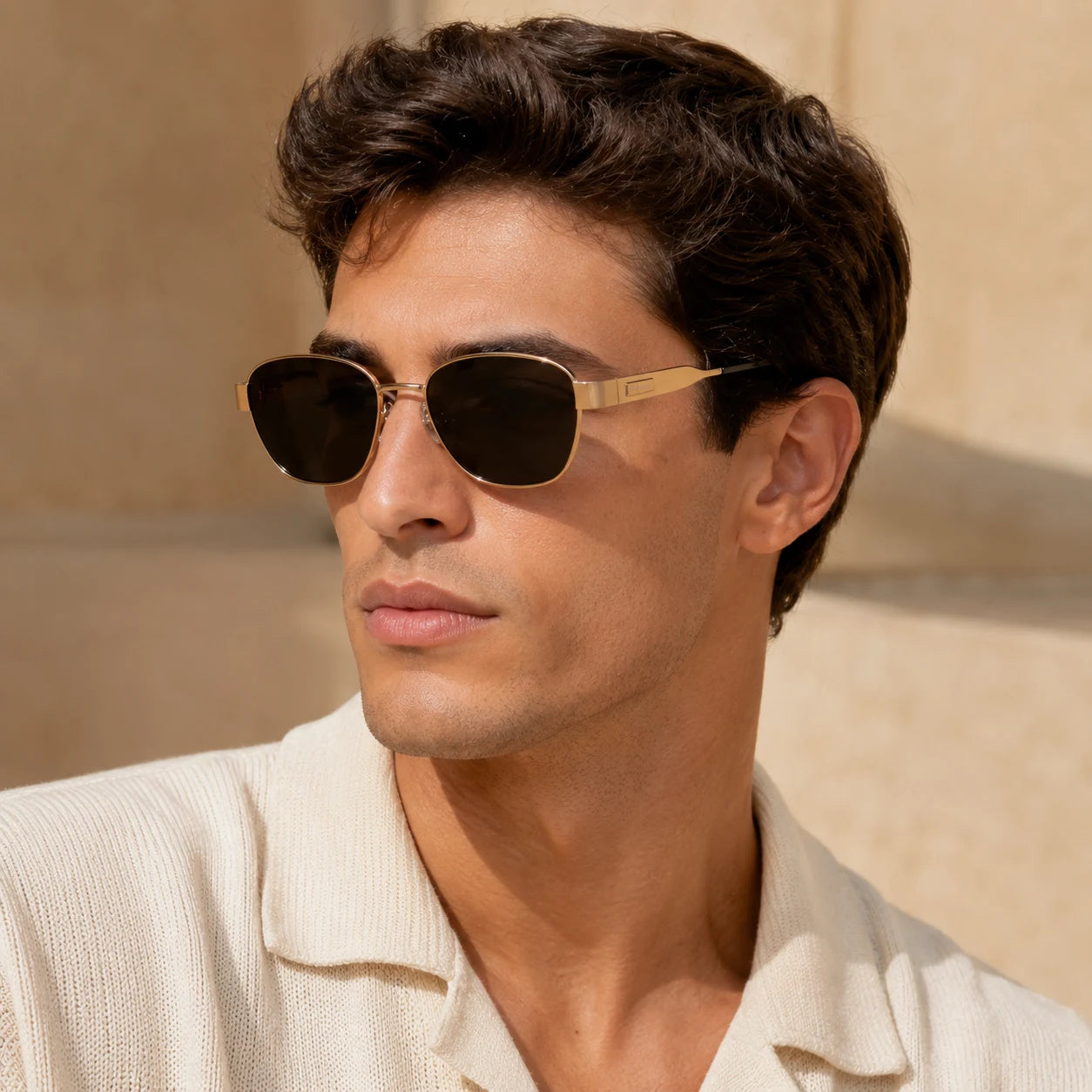 Male model wearing BAPORSSA Aurelia vintage cat-eye sunglasses in a warm outdoor lifestyle setting