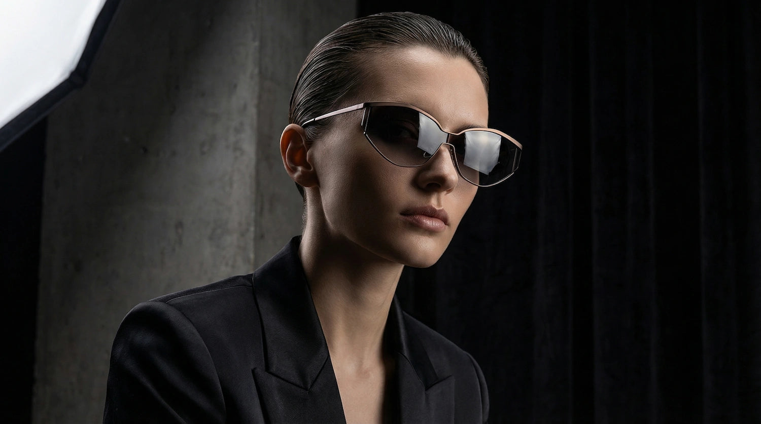 A woman wears bold cat-eye sunglasses with a sleek black blazer, set against a dark, industrial backdrop, embodying luxury and cutting-edge design.