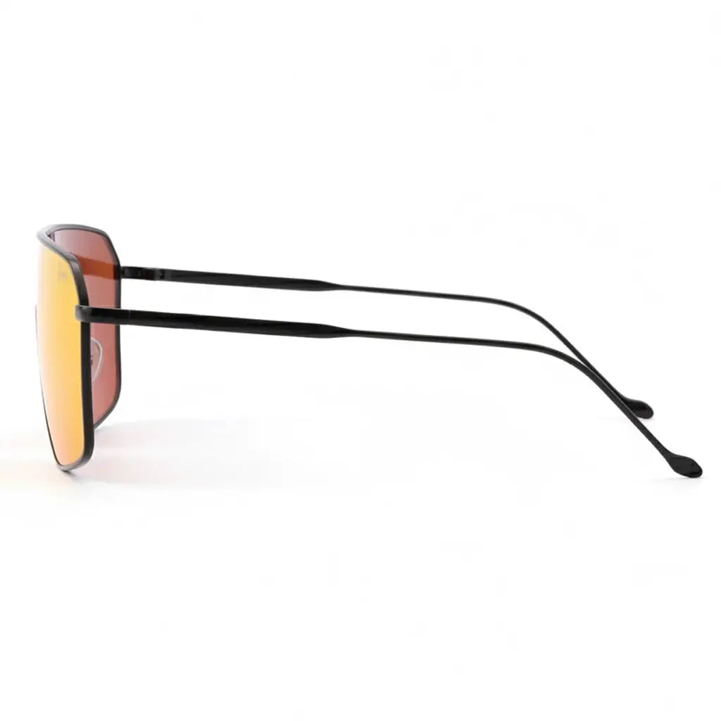 Multiple views of oversized, shield-style sunglasses with vibrant orange mirrored lenses and a sleek black metal frame.