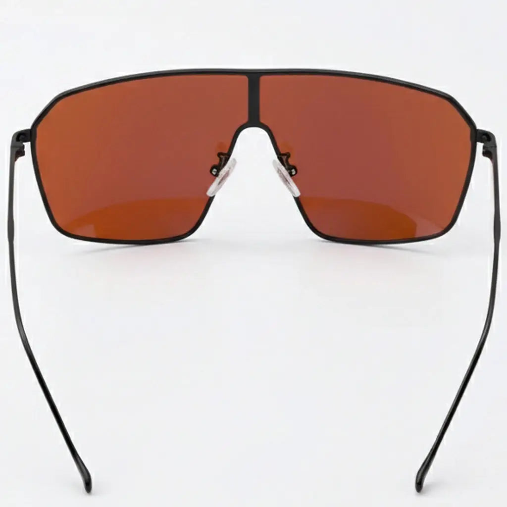 Multiple views of oversized, shield-style sunglasses with vibrant orange mirrored lenses and a sleek black metal frame.