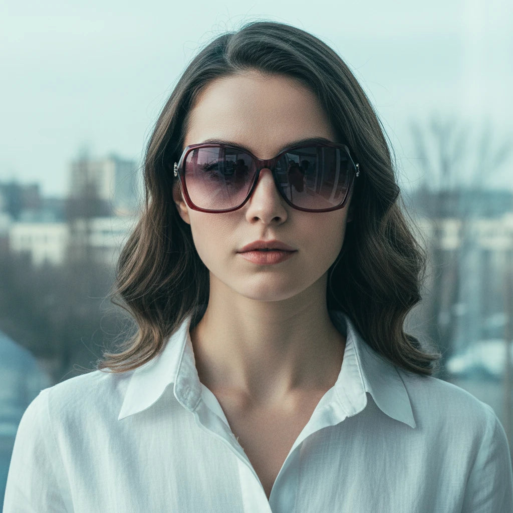 Woman wearing large sunglasses with a cityscape in the background