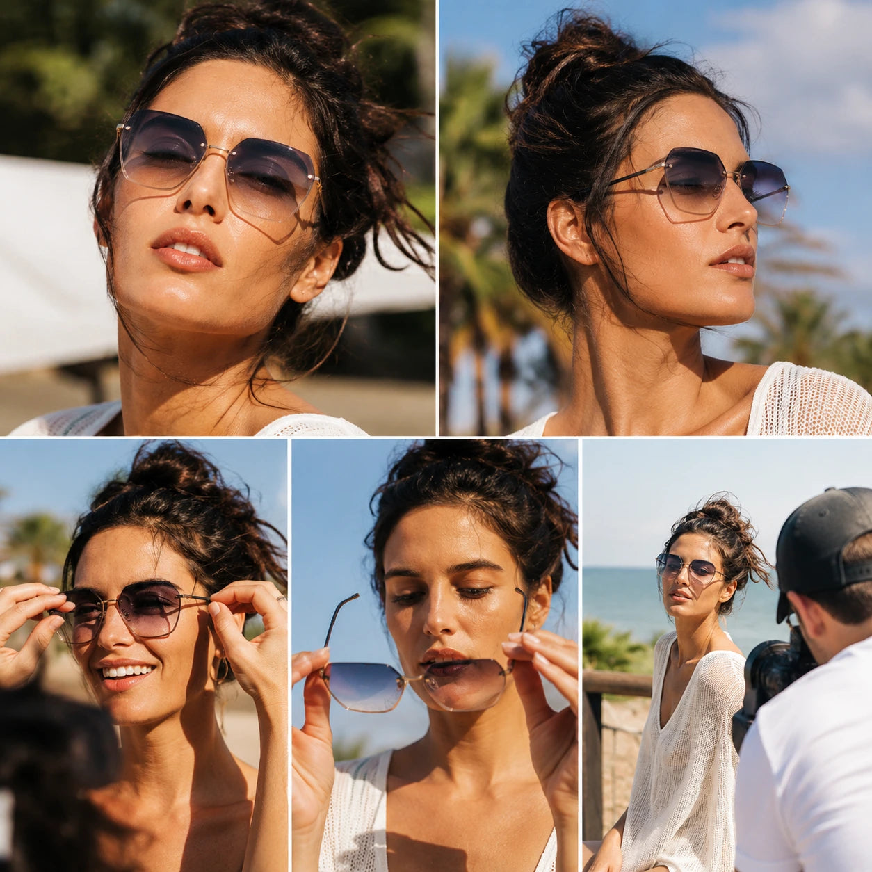 Behind-the-scenes collage of a female model wearing BAPORSSA Contour rimless sunglasses in multiple sunlit outdoor poses