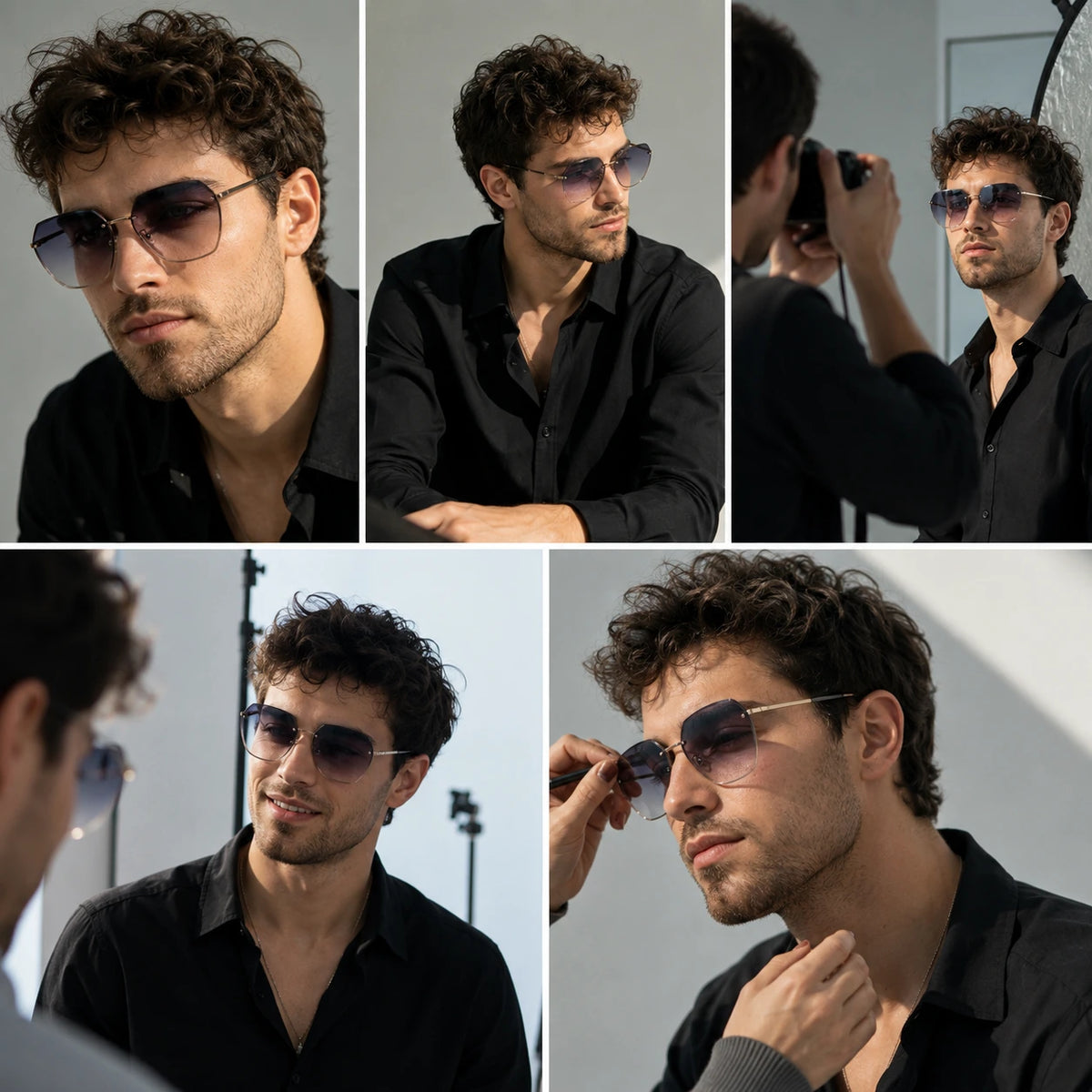 Behind-the-scenes collage of a male model wearing BAPORSSA Contour rimless sunglasses in a studio portrait session