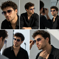 Behind-the-scenes collage of a male model wearing BAPORSSA Contour rimless sunglasses in a studio portrait session