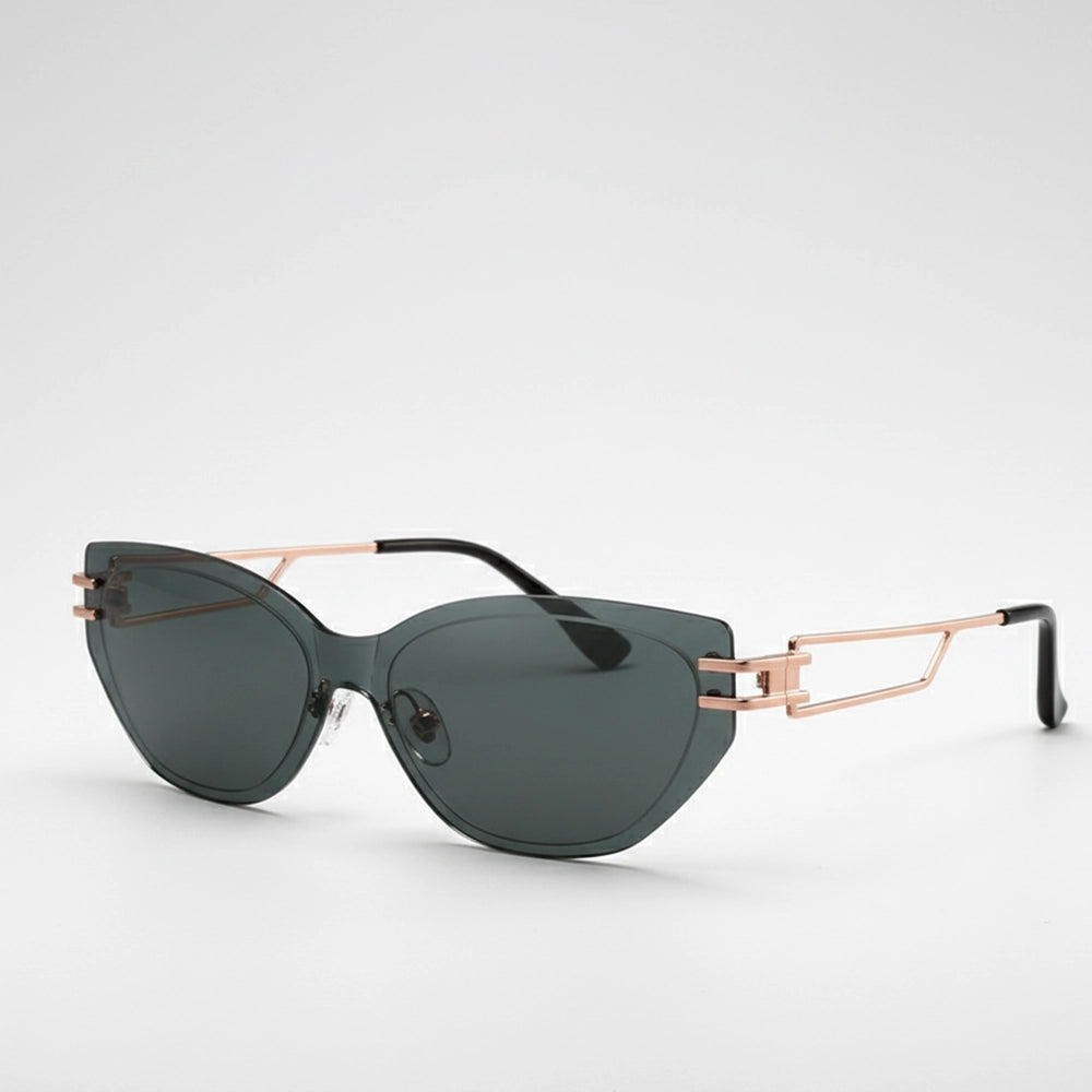 Sunglasses with rose gold frame and dark lenses on a white background