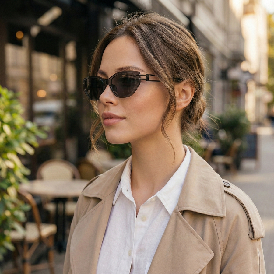 Woman wearing sunglasses and a beige trench coat in an urban setting