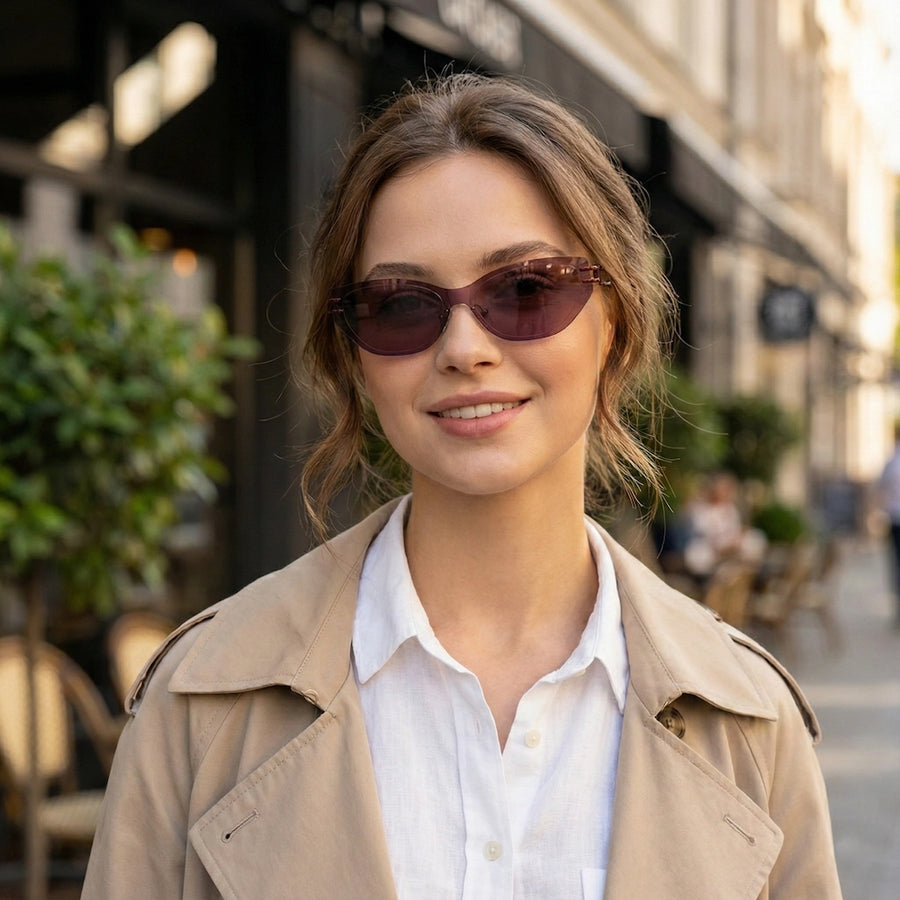 Woman wearing sunglasses and a beige trench coat on a city street.