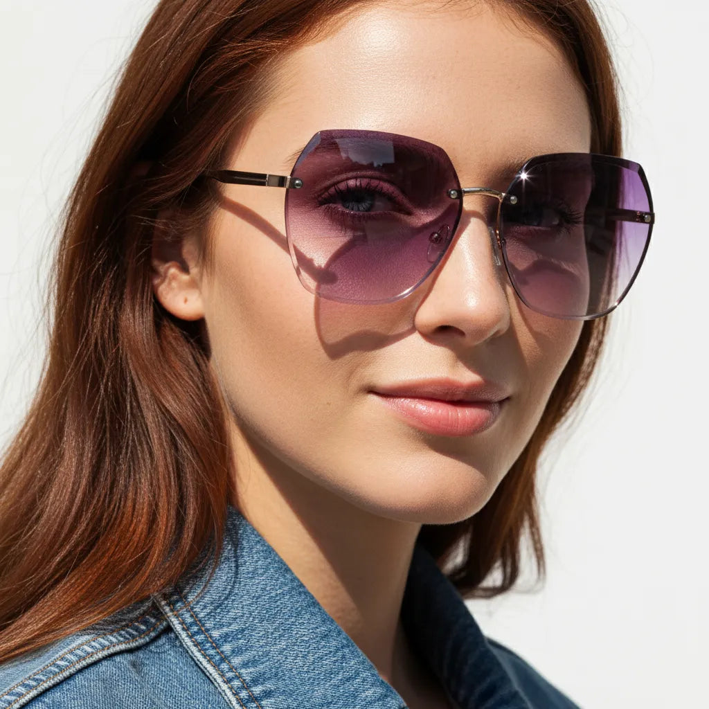 Woman wearing purple sunglasses with a white background