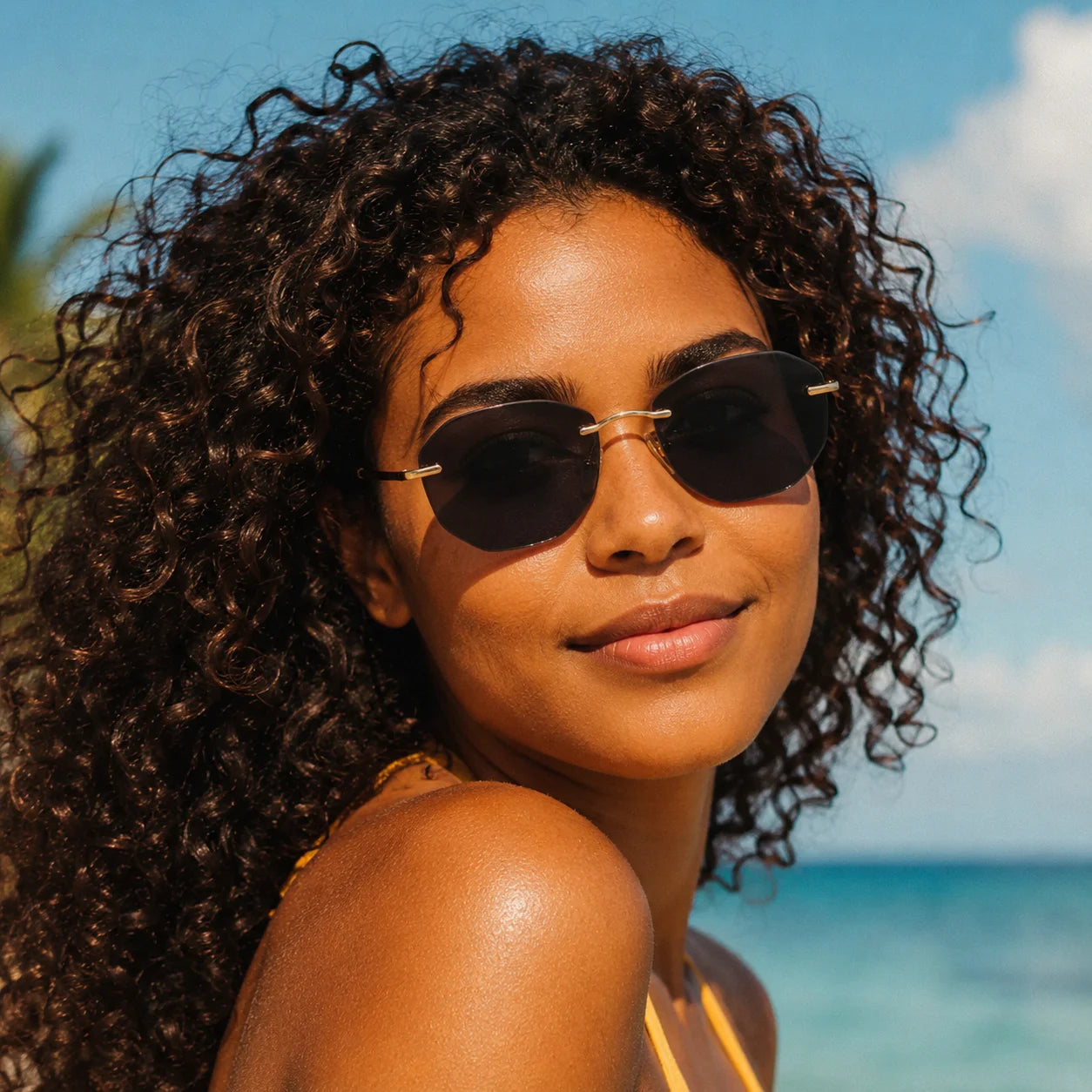 BAPORSSA Rimless Sunglasses Close Up Beach Portrait