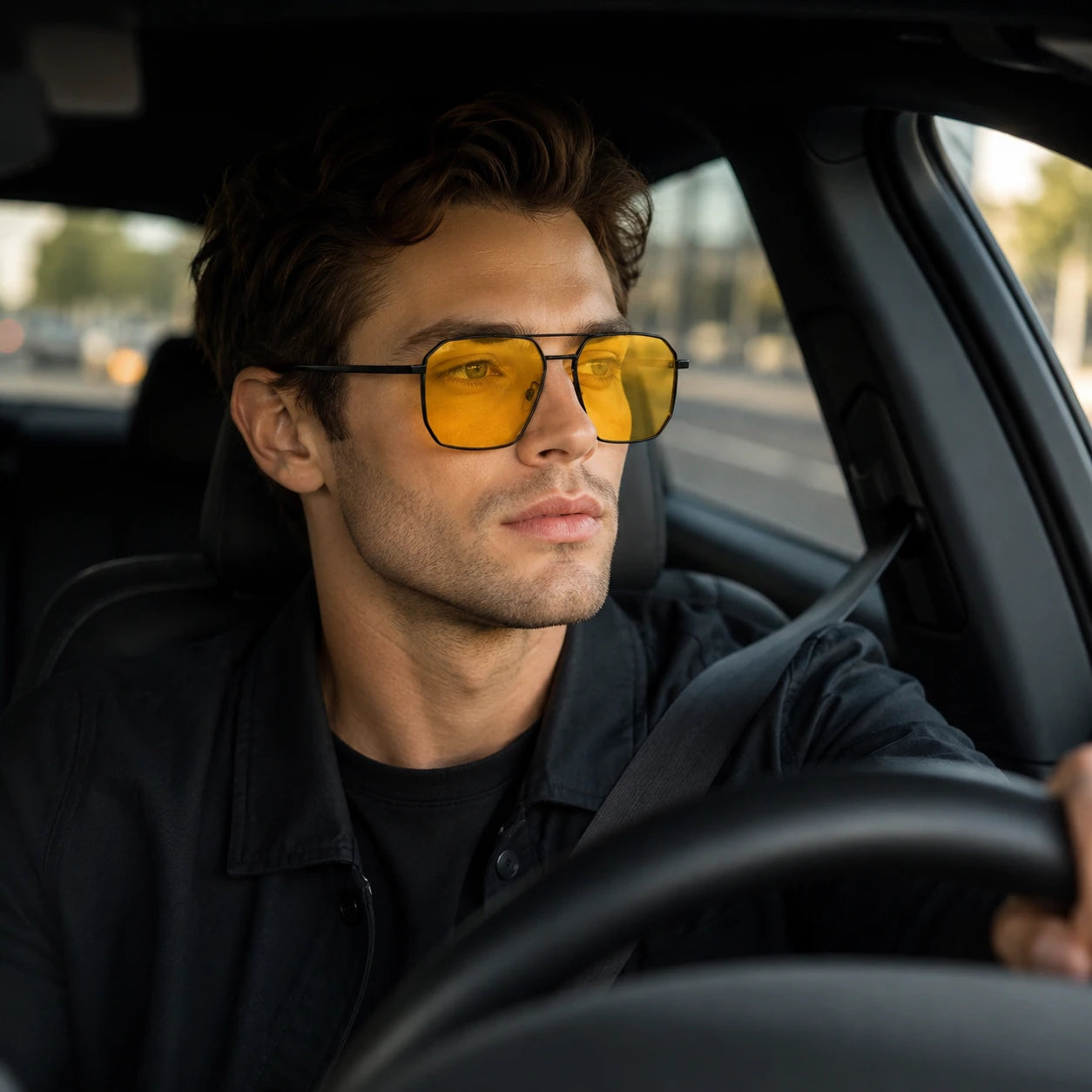 Male driver wearing BAPORSSA Shift sunglasses with yellow lenses inside a car during daytime driving