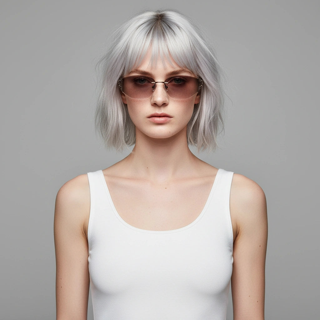 Front view of model in BAPORSSA silver-purple gradient rimless DO sunglasses, icy platinum hair
