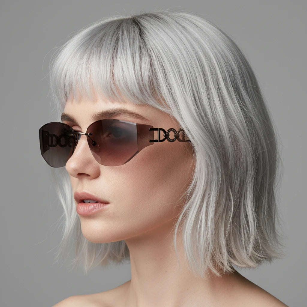 Side profile close-up of platinum blonde model wearing BAPORSSA DO crystal rimless gradient sunglasses