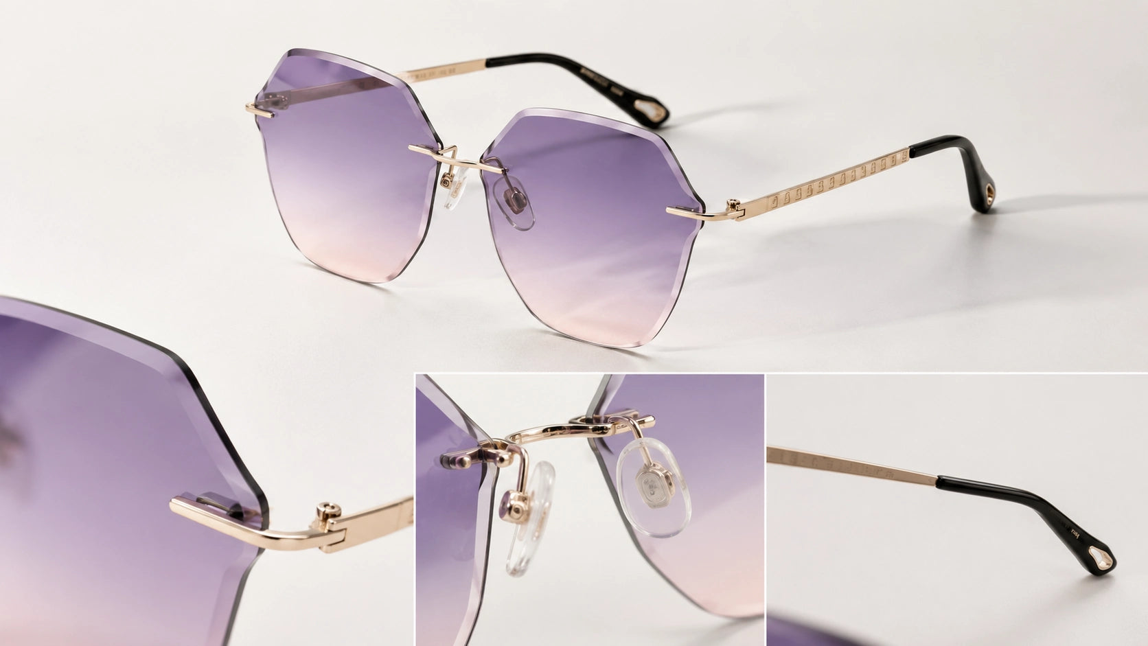 A collage showing the front view, adjustable nose pads, and
     gold-engraved temples of BAPORSSA rimless sunglasses with purple-to-pink
     gradient lense