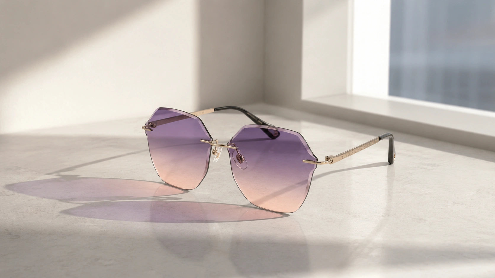 BAPORSSA rimless sunglasses with purple gradient lenses and gold
     temples resting on a white marble surface under soft window lighting.