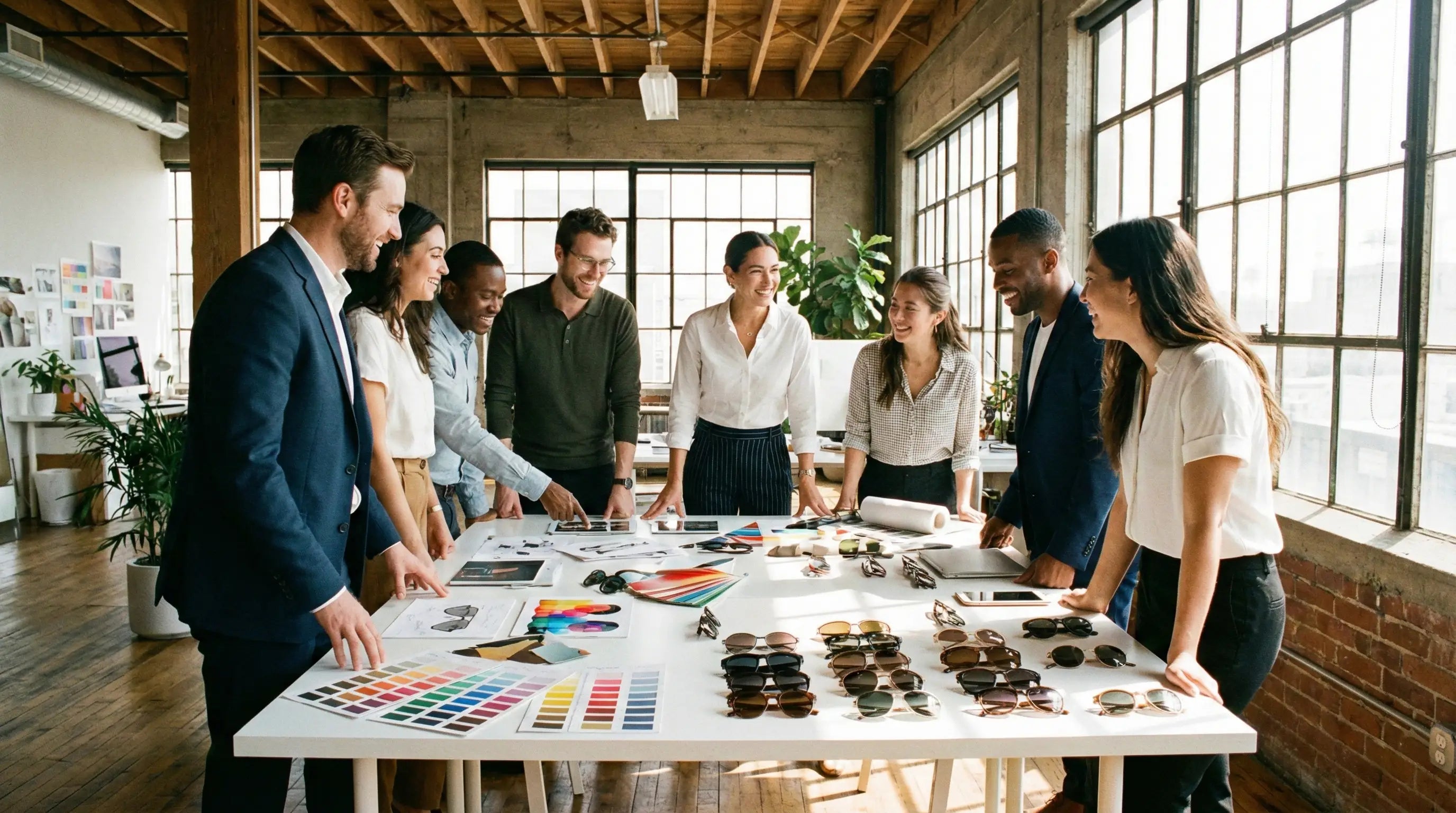 Modern, bright creative office space. A diverse team of designers (men and women) are standing around a large white table looking at sunglasses prototypes and color swatches. 