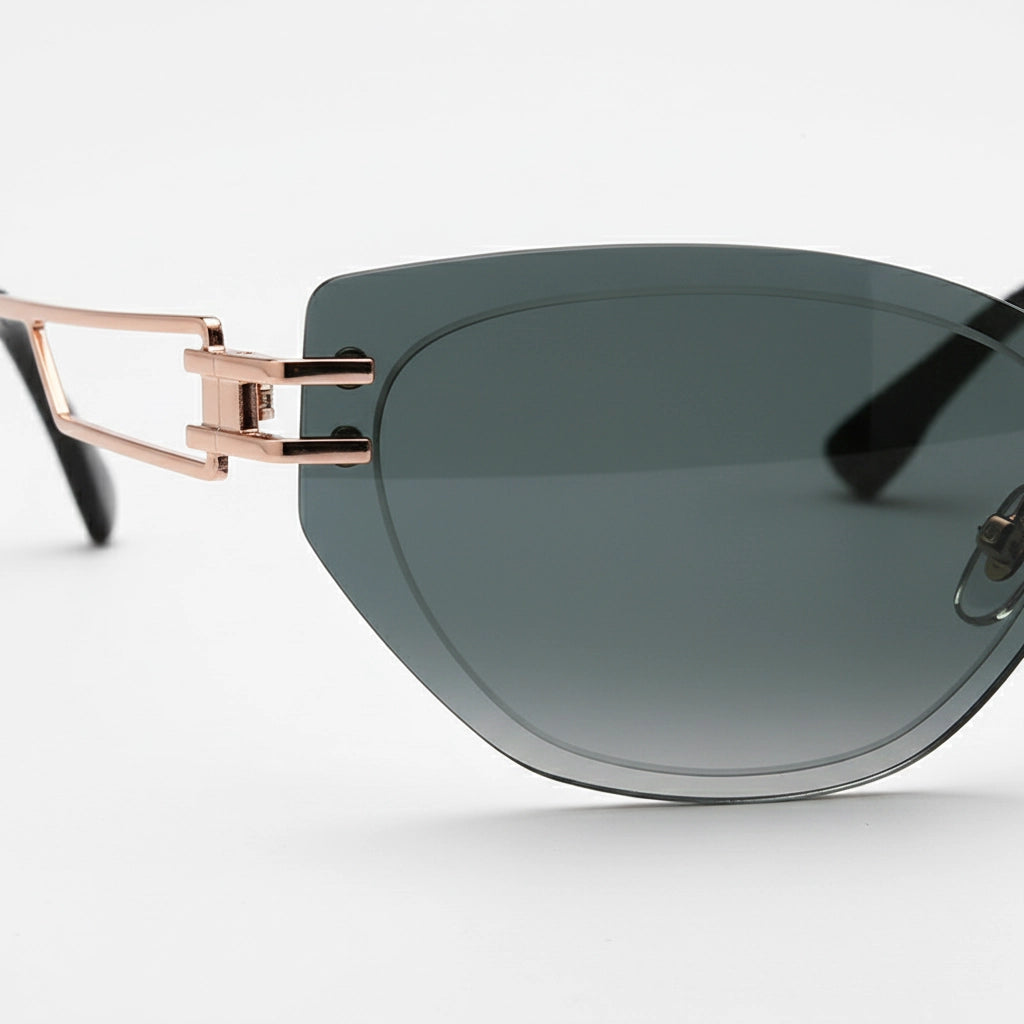 Sunglasses with rose gold frame and dark lenses on a white background