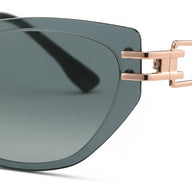 Sunglasses with dark lenses and rose gold frame on a white background