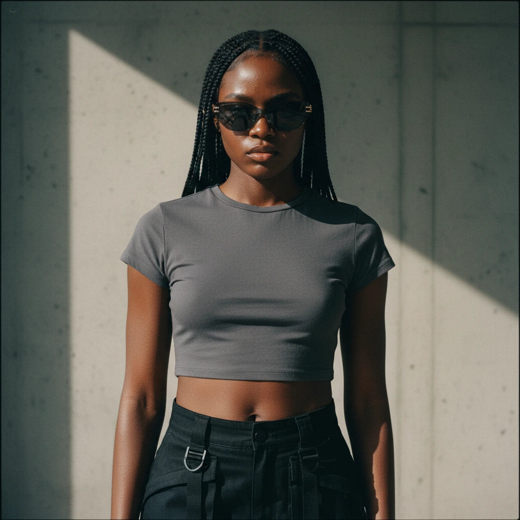 Woman wearing a gray crop top and black pants against a concrete wall.