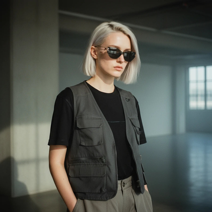 Person wearing sunglasses and a black vest in an indoor setting