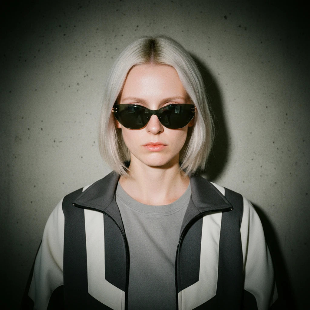 Person with short blonde hair wearing dark sunglasses and a black and white striped shirt against a gray background