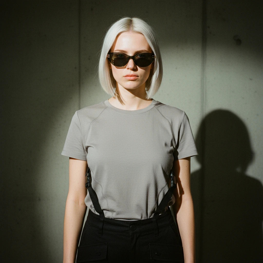 Person wearing sunglasses and a gray t-shirt against a dark background